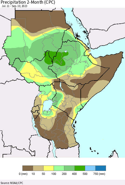 Eastern Africa Precipitation 2-Month (CPC) Thematic Map For 7/11/2023 - 9/10/2023