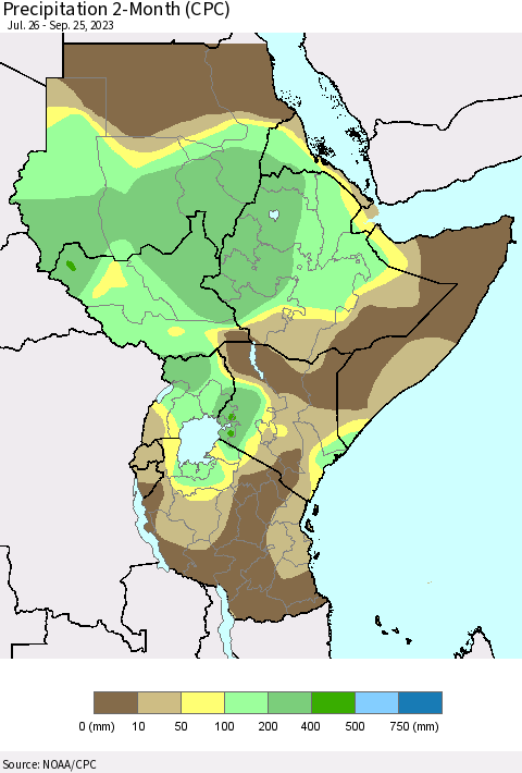 Eastern Africa Precipitation 2-Month (CPC) Thematic Map For 7/26/2023 - 9/25/2023