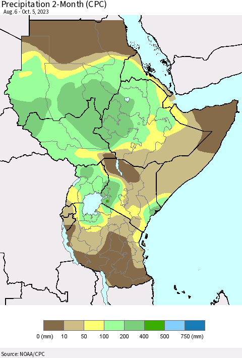 Eastern Africa Precipitation 2-Month (CPC) Thematic Map For 8/6/2023 - 10/5/2023