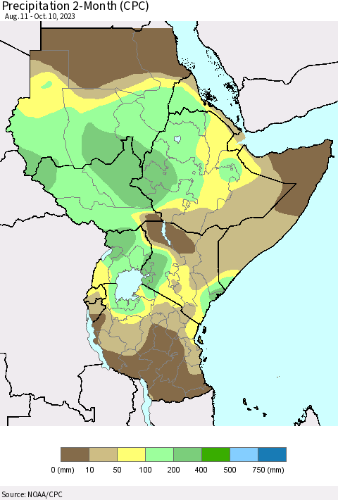 Eastern Africa Precipitation 2-Month (CPC) Thematic Map For 8/11/2023 - 10/10/2023