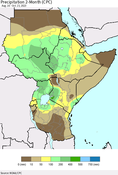 Eastern Africa Precipitation 2-Month (CPC) Thematic Map For 8/16/2023 - 10/15/2023