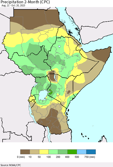 Eastern Africa Precipitation 2-Month (CPC) Thematic Map For 8/21/2023 - 10/20/2023