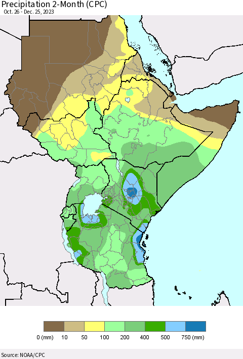 Eastern Africa Precipitation 2-Month (CPC) Thematic Map For 10/26/2023 - 12/25/2023
