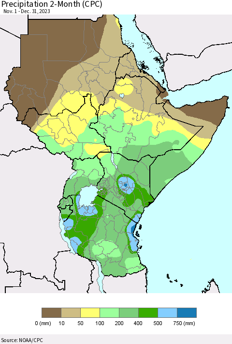 Eastern Africa Precipitation 2-Month (CPC) Thematic Map For 11/1/2023 - 12/31/2023