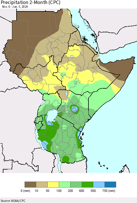 Eastern Africa Precipitation 2-Month (CPC) Thematic Map For 11/6/2023 - 1/5/2024