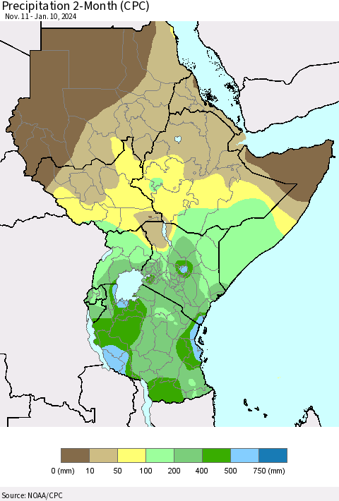 Eastern Africa Precipitation 2-Month (CPC) Thematic Map For 11/11/2023 - 1/10/2024