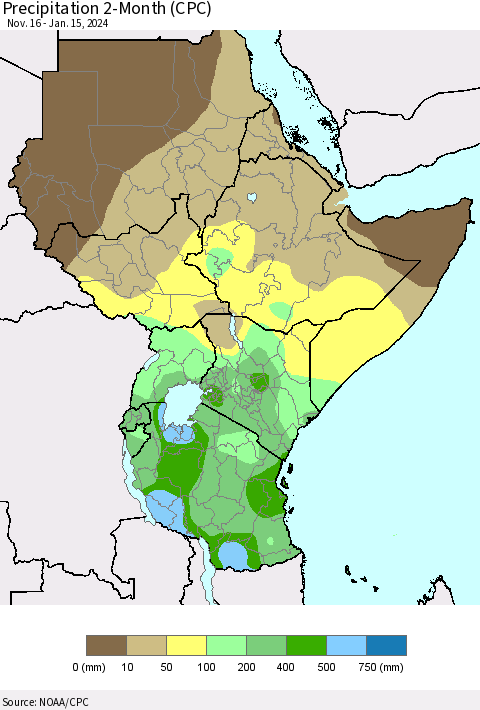 Eastern Africa Precipitation 2-Month (CPC) Thematic Map For 11/16/2023 - 1/15/2024