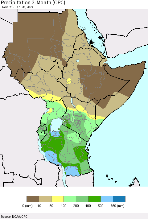 Eastern Africa Precipitation 2-Month (CPC) Thematic Map For 11/21/2023 - 1/20/2024