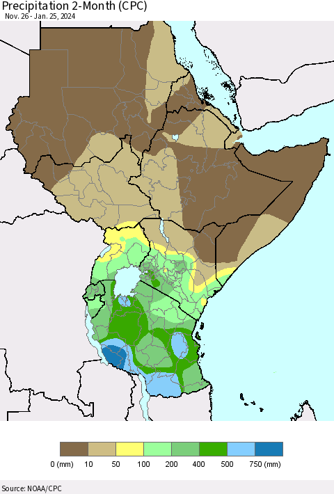Eastern Africa Precipitation 2-Month (CPC) Thematic Map For 11/26/2023 - 1/25/2024