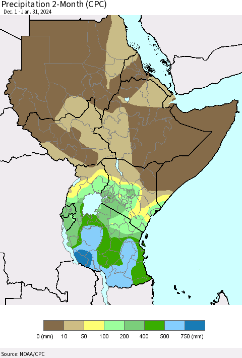 Eastern Africa Precipitation 2-Month (CPC) Thematic Map For 12/1/2023 - 1/31/2024