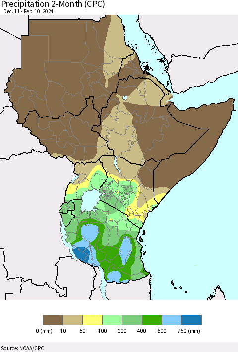 Eastern Africa Precipitation 2-Month (CPC) Thematic Map For 12/11/2023 - 2/10/2024