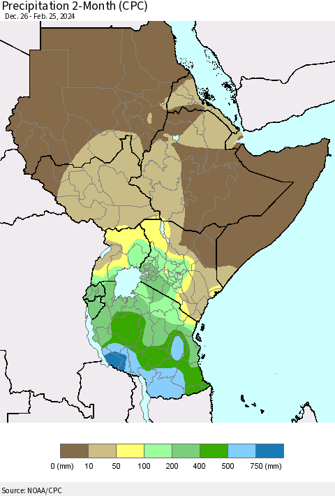 Eastern Africa Precipitation 2-Month (CPC) Thematic Map For 12/26/2023 - 2/25/2024