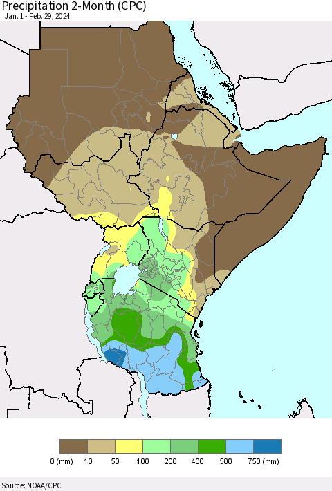 Eastern Africa Precipitation 2-Month (CPC) Thematic Map For 1/1/2024 - 2/29/2024