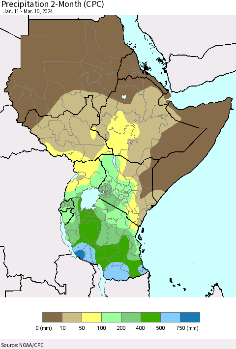 Eastern Africa Precipitation 2-Month (CPC) Thematic Map For 1/11/2024 - 3/10/2024
