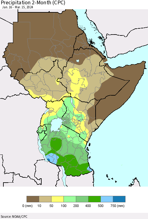Eastern Africa Precipitation 2-Month (CPC) Thematic Map For 1/16/2024 - 3/15/2024