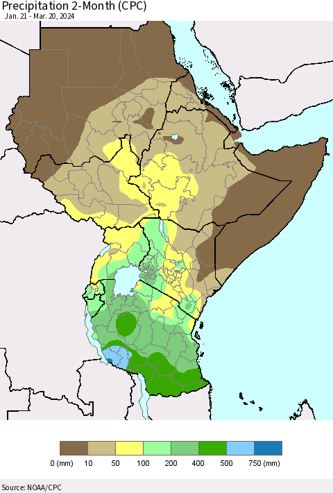Eastern Africa Precipitation 2-Month (CPC) Thematic Map For 1/21/2024 - 3/20/2024