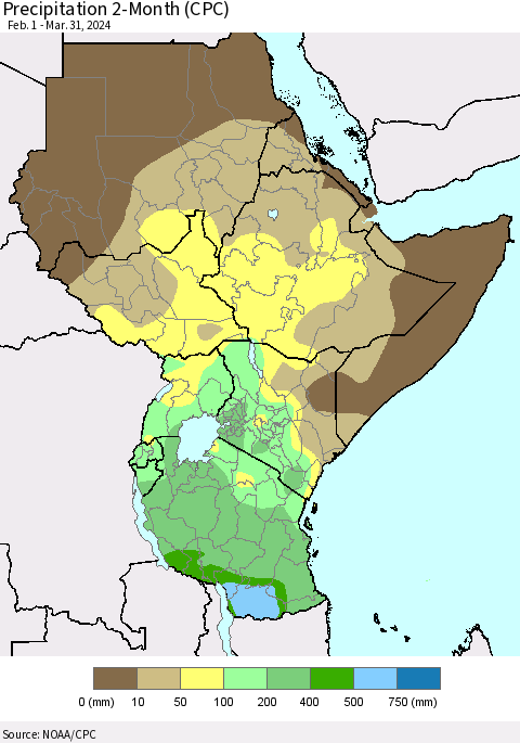 Eastern Africa Precipitation 2-Month (CPC) Thematic Map For 2/1/2024 - 3/31/2024
