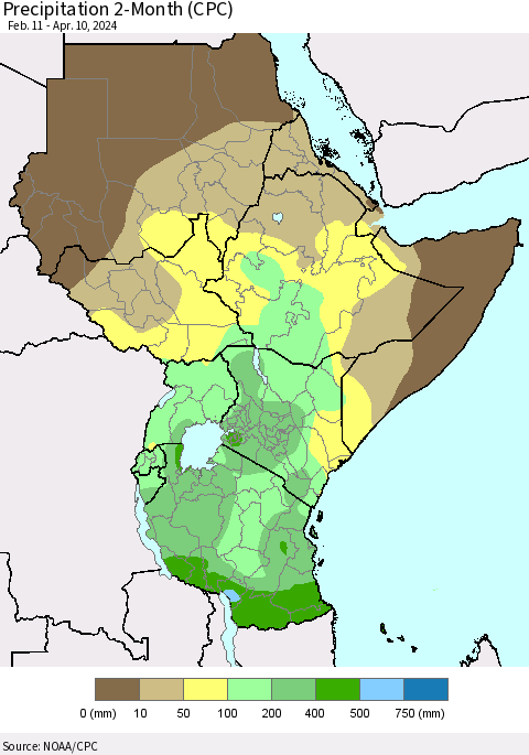 Eastern Africa Precipitation 2-Month (CPC) Thematic Map For 2/11/2024 - 4/10/2024
