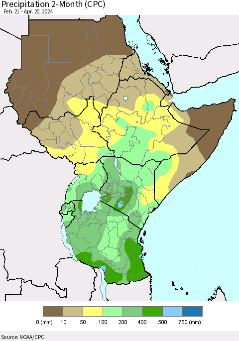 Eastern Africa Precipitation 2-Month (CPC) Thematic Map For 2/21/2024 - 4/20/2024