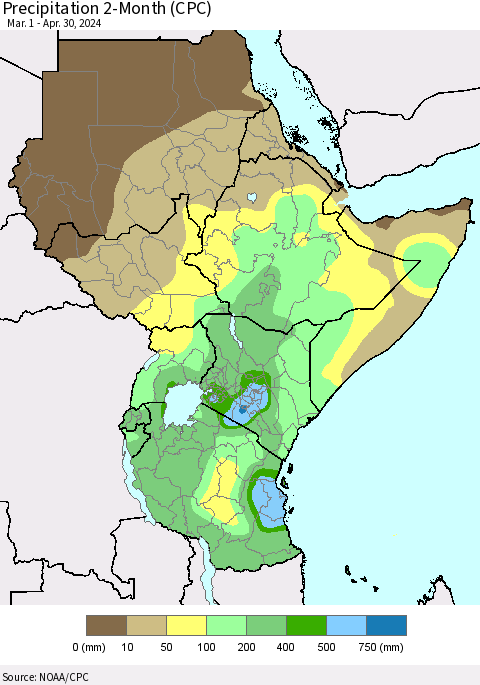 Eastern Africa Precipitation 2-Month (CPC) Thematic Map For 3/1/2024 - 4/30/2024