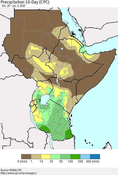 Eastern Africa Precipitation 10-Day (CPC) Thematic Map For 12/26/2019 - 1/5/2020