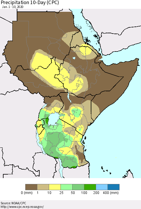 Eastern Africa Precipitation 10-Day (CPC) Thematic Map For 1/1/2020 - 1/10/2020