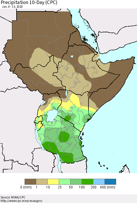 Eastern Africa Precipitation 10-Day (CPC) Thematic Map For 1/6/2020 - 1/15/2020