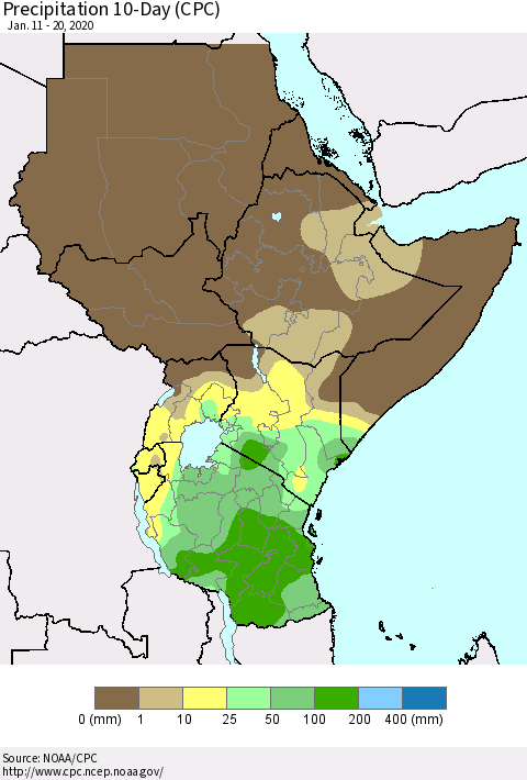 Eastern Africa Precipitation 10-Day (CPC) Thematic Map For 1/11/2020 - 1/20/2020
