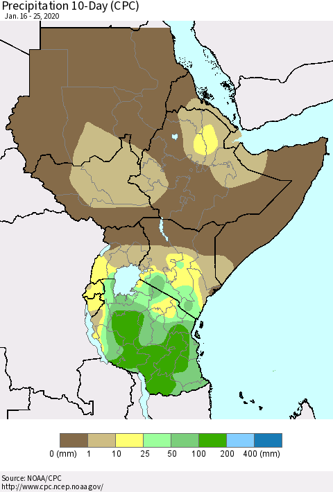 Eastern Africa Precipitation 10-Day (CPC) Thematic Map For 1/16/2020 - 1/25/2020