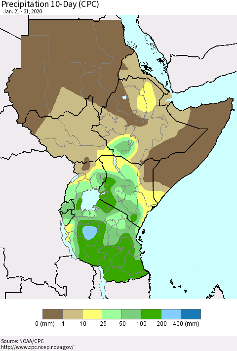 Eastern Africa Precipitation 10-Day (CPC) Thematic Map For 1/21/2020 - 1/31/2020