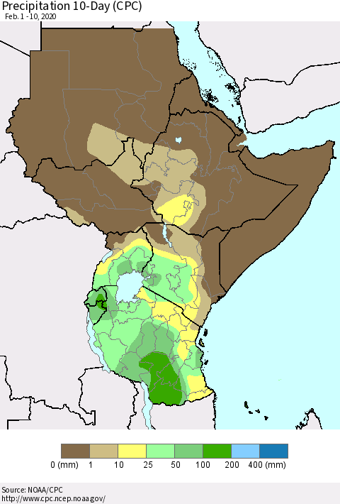 Eastern Africa Precipitation 10-Day (CPC) Thematic Map For 2/1/2020 - 2/10/2020