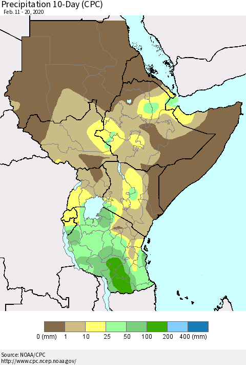 Eastern Africa Precipitation 10-Day (CPC) Thematic Map For 2/11/2020 - 2/20/2020