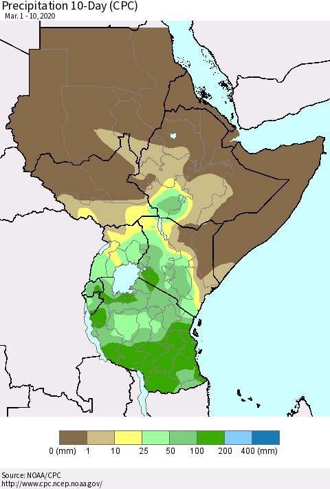 Eastern Africa Precipitation 10-Day (CPC) Thematic Map For 3/1/2020 - 3/10/2020