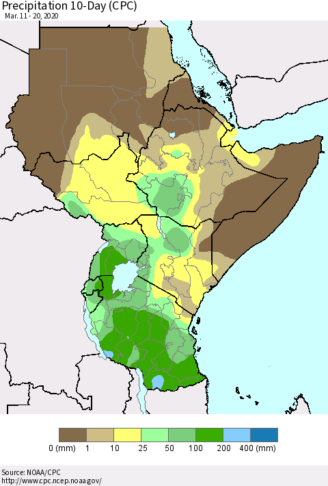 Eastern Africa Precipitation 10-Day (CPC) Thematic Map For 3/11/2020 - 3/20/2020