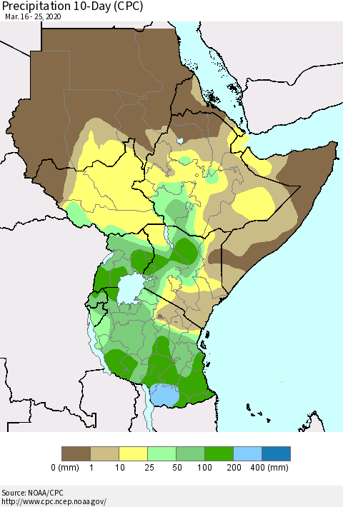 Eastern Africa Precipitation 10-Day (CPC) Thematic Map For 3/16/2020 - 3/25/2020