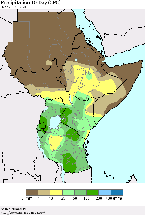 Eastern Africa Precipitation 10-Day (CPC) Thematic Map For 3/21/2020 - 3/31/2020