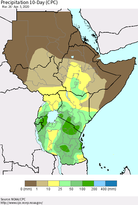 Eastern Africa Precipitation 10-Day (CPC) Thematic Map For 3/26/2020 - 4/5/2020