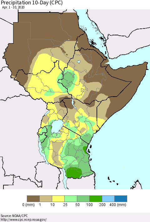 Eastern Africa Precipitation 10-Day (CPC) Thematic Map For 4/1/2020 - 4/10/2020