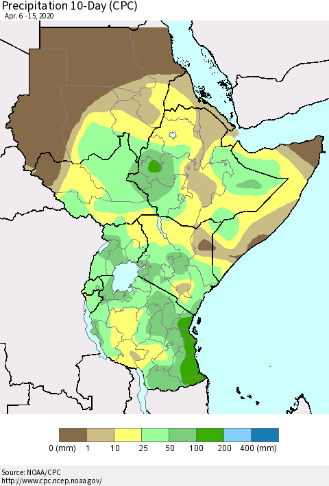 Eastern Africa Precipitation 10-Day (CPC) Thematic Map For 4/6/2020 - 4/15/2020