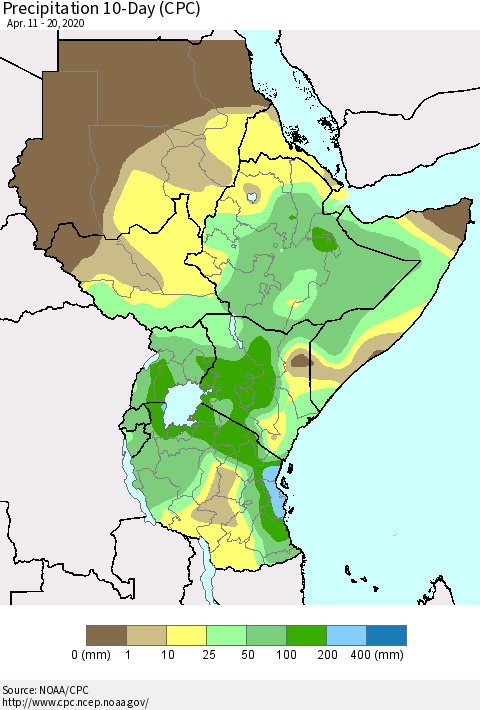 Eastern Africa Precipitation 10-Day (CPC) Thematic Map For 4/11/2020 - 4/20/2020