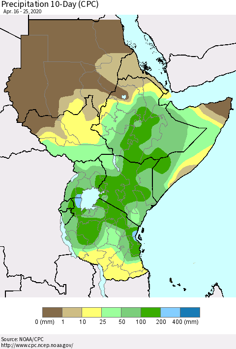 Eastern Africa Precipitation 10-Day (CPC) Thematic Map For 4/16/2020 - 4/25/2020