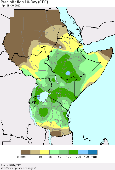 Eastern Africa Precipitation 10-Day (CPC) Thematic Map For 4/21/2020 - 4/30/2020
