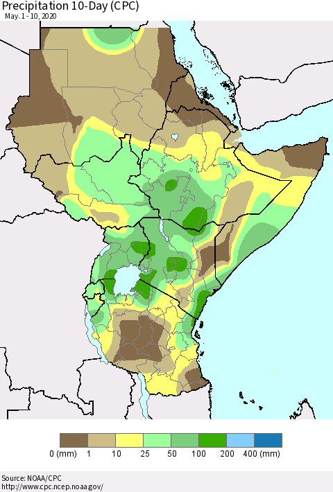 Eastern Africa Precipitation 10-Day (CPC) Thematic Map For 5/1/2020 - 5/10/2020