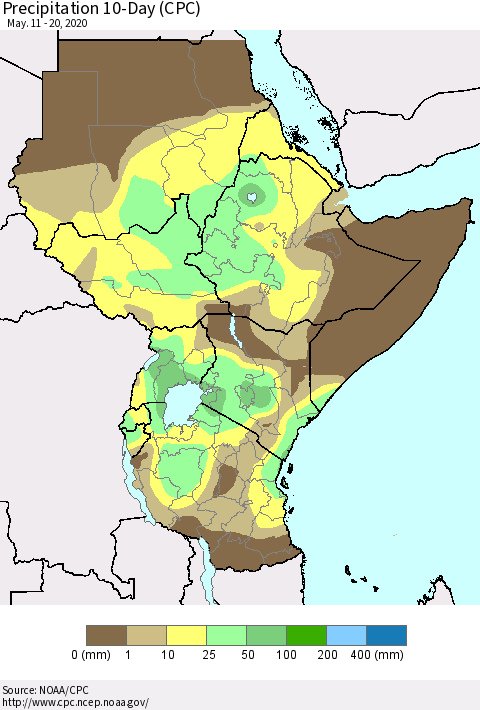 Eastern Africa Precipitation 10-Day (CPC) Thematic Map For 5/11/2020 - 5/20/2020