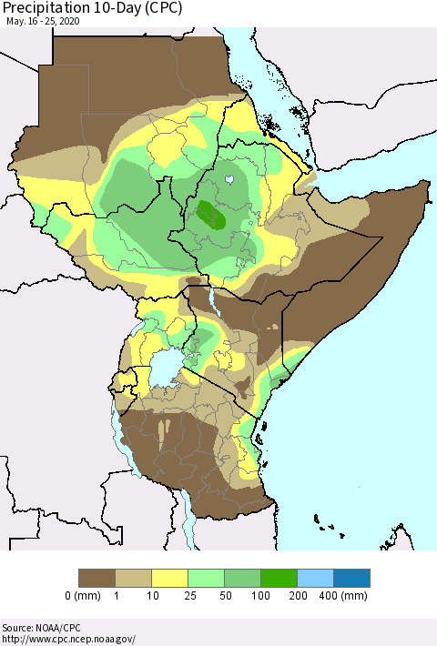 Eastern Africa Precipitation 10-Day (CPC) Thematic Map For 5/16/2020 - 5/25/2020
