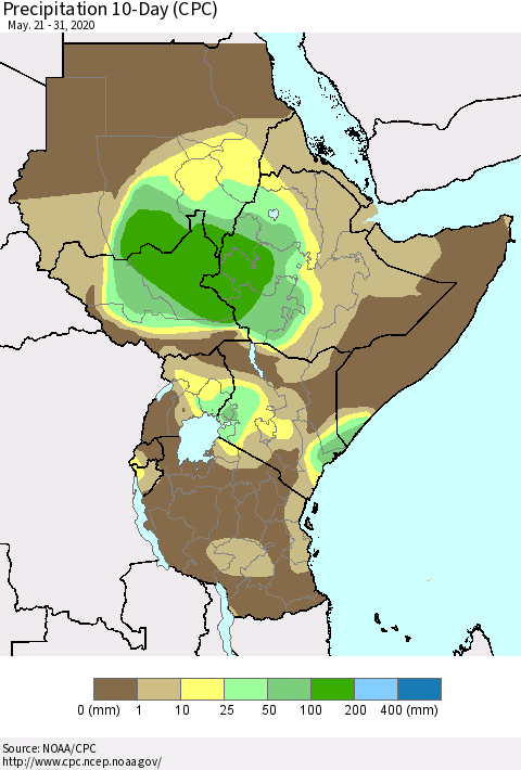 Eastern Africa Precipitation 10-Day (CPC) Thematic Map For 5/21/2020 - 5/31/2020