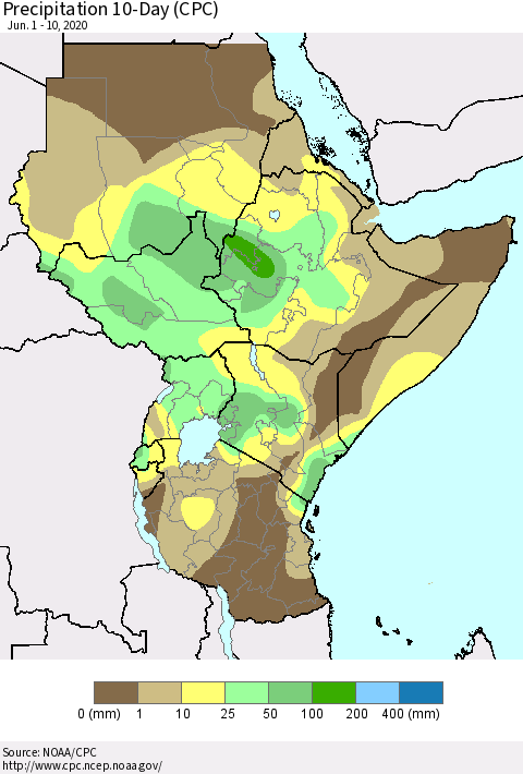 Eastern Africa Precipitation 10-Day (CPC) Thematic Map For 6/1/2020 - 6/10/2020