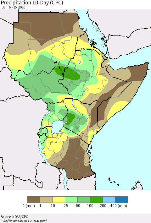 Eastern Africa Precipitation 10-Day (CPC) Thematic Map For 6/6/2020 - 6/15/2020