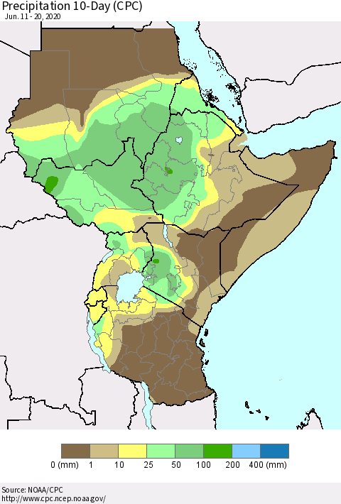 Eastern Africa Precipitation 10-Day (CPC) Thematic Map For 6/11/2020 - 6/20/2020