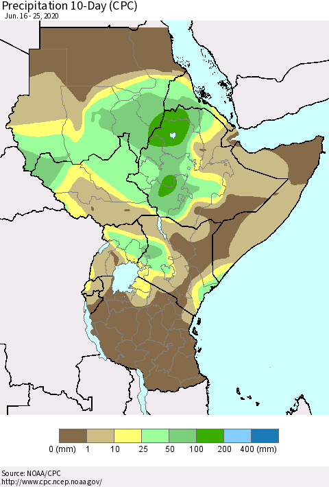 Eastern Africa Precipitation 10-Day (CPC) Thematic Map For 6/16/2020 - 6/25/2020